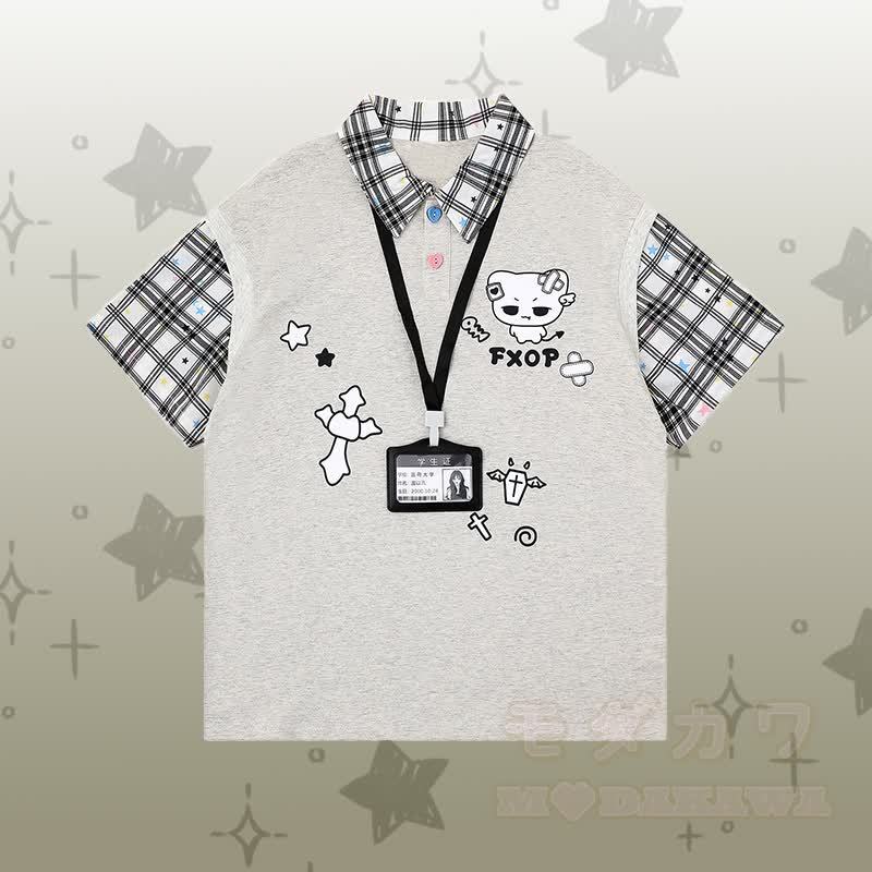 Demon Kitty Grafik- Farben Block-Polo-T-Shirt, zerrissene Jeans, Modakawa passendes Outfit - Graues T-Shirt - XL - image 5