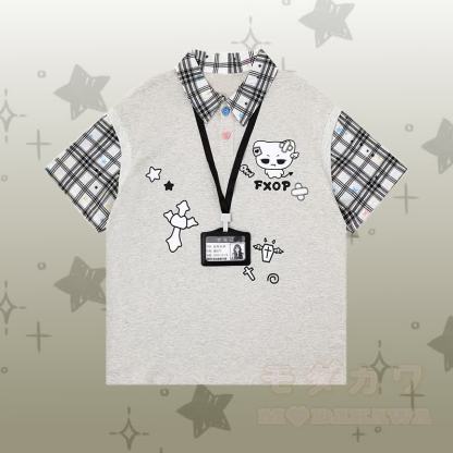 Demon Kitty Grafik- Farben Block-Polo-T-Shirt, zerrissene Jeans, Modakawa passendes Outfit - Graues T-Shirt - XL - image 5