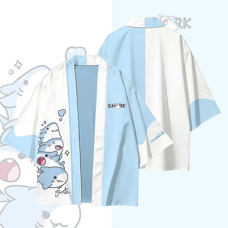 Joyful Sharks Graphic Modakawa Farben Block Cardigan Kimono Oberbekleidung - Blue & White - 3XL - image 3