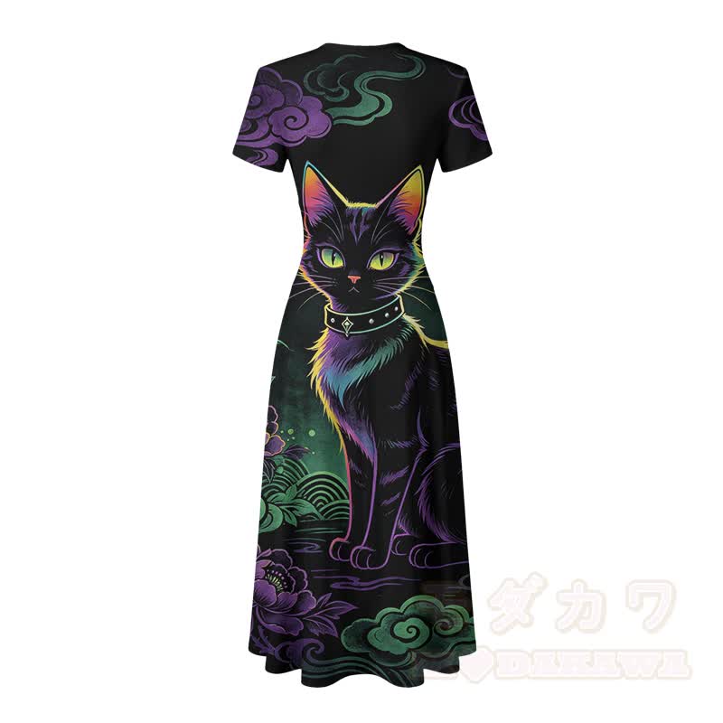 Modakawa Maxikleid mit schwarzem Katzenmotiv und V-Ausschnitt - image 4