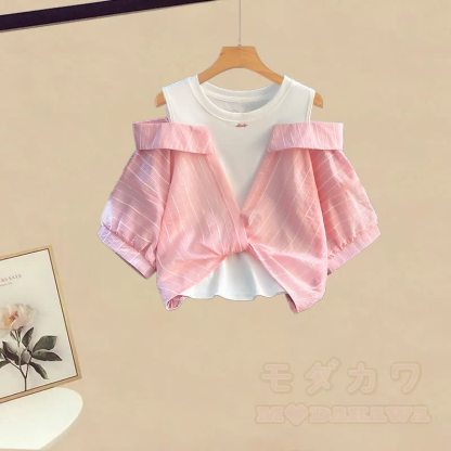 Unregelmäßiges Oberteil mit Schleife, passender Rock, Outfit - Rosa Oberteil (Einzeln) - XL - image 4