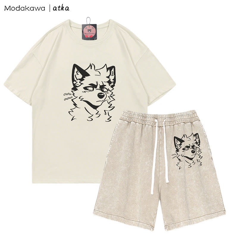 MODAKAWA X atka Cheeky Fox Grafik-T-Shirt Vintage Washed Shorts Zweiteiliges Set - Beige - 3XL - image 5