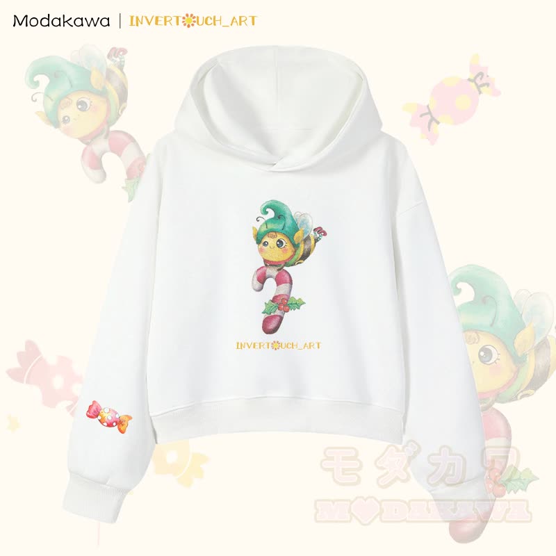 MODAKAWA X INVERTOUCH_ART Niedlicher Weihnachtsbienen-Hoodie Modakawa Cropped Cotton Hoodie - Weiß B - 3XL - image 8