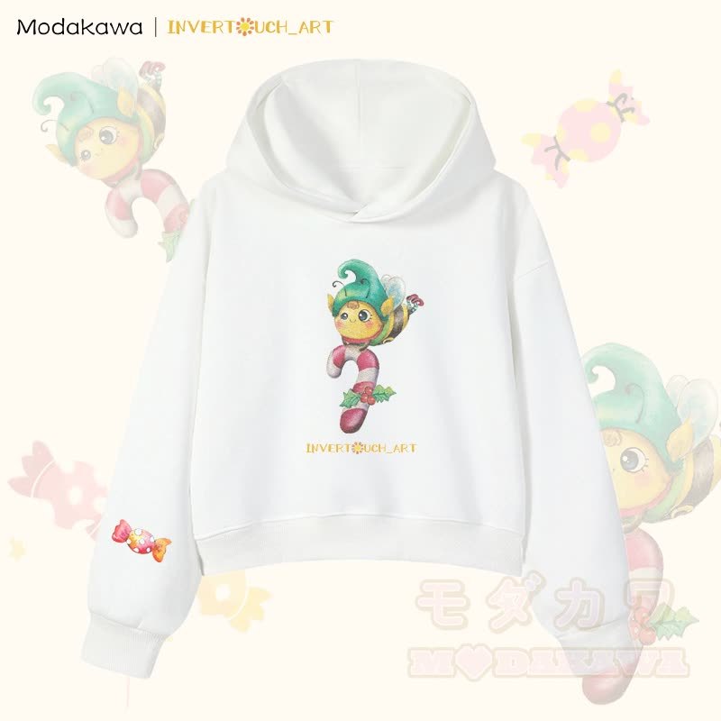MODAKAWA X INVERTOUCH_ART Niedlicher Weihnachtsbienen-Hoodie Modakawa Cropped Cotton Hoodie - Weiß B - 3XL - image 8