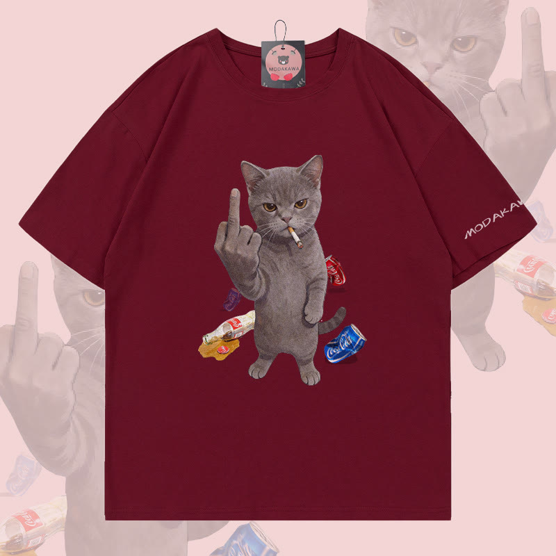MODAKAWA T-Shirt mit trotziger rauchender Katze - Wine Red - 5XL - image 2