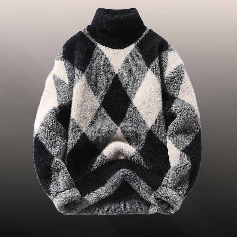 Zweiteiler aus kariertem, flauschigem Strickpullover und Jeans - Black Sweater - 3XL - image 9