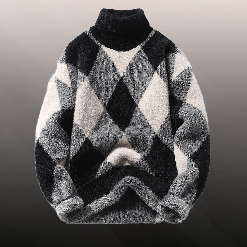 Zweiteiler aus kariertem, flauschigem Strickpullover und Jeans - Black Sweater - 3XL - image 9