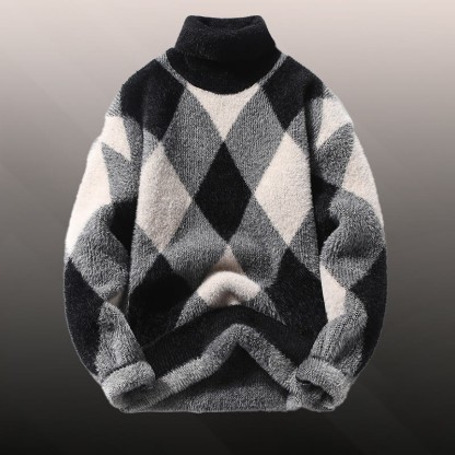 Zweiteiler aus kariertem, flauschigem Strickpullover und Jeans - Black Sweater - 3XL - image 9