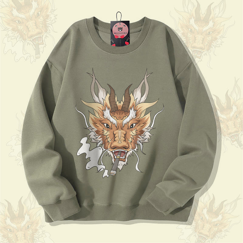 MODAKAWA Smoking Dragon Grafik Unisex Sweatshirt - Light Khaki - 5XL - image 2