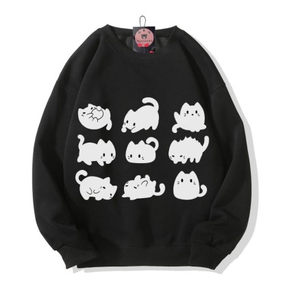Modakawa Schwarzes Plüsch-Sweatshirt mit Katzenmotiv und Rundhalsausschnitt - Black - 3XL - image 6