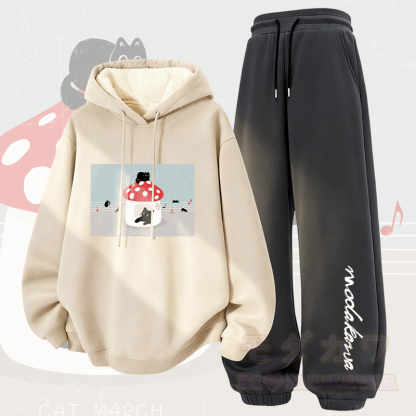 MODAKAWA Zweiteiliges Set: Kapuzenpullover und Hose mit dickem Fleecefutter und Katzenmotiv (Farbe: Cat Melody Graphic) - Aprikose & Dunkelgrau - 5XL - image 4