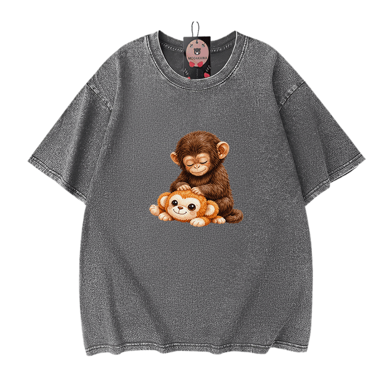 PUNCH Monkey Graphic Modakawa Vintage Washed 100% Cotton T-Shirt - Grey - 5XL - image 10