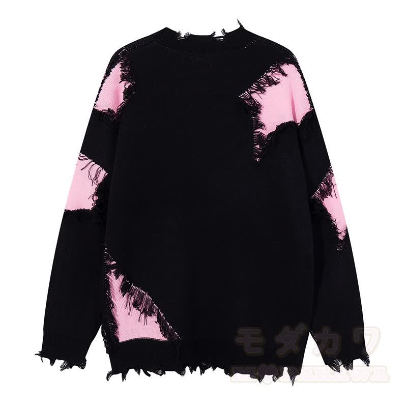 Dunkelblauer, modischer Strickpullover mit Kreuzmuster, Fransen und Used- Farben in Farbblockoptik - image 7
