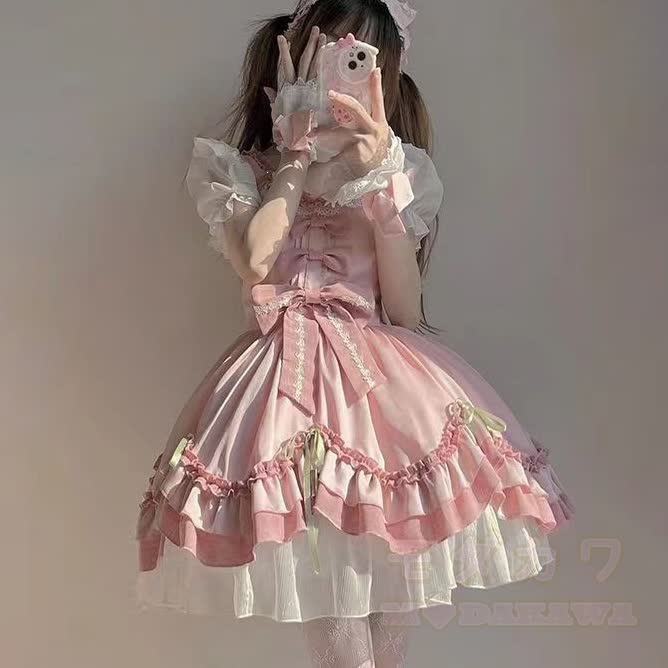 Rosa Sweet Lolita Minikleid mit Schleife, Spitze und Rüschen für Damen - image 6