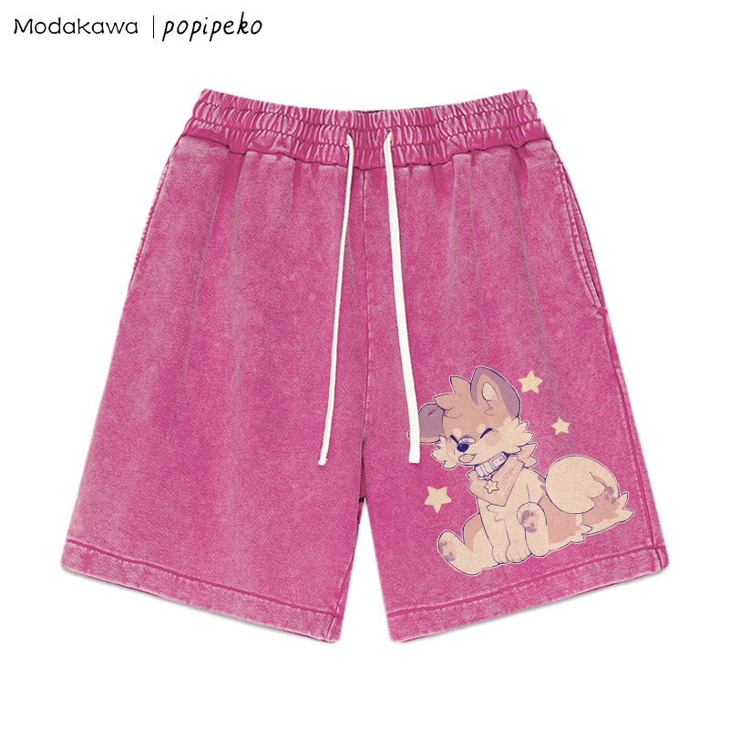 MODAKAWA X popipeko – Shorts im Vintage-Waschungsdesign mit Welpen-Print - Rose Red - 3XL - image 5