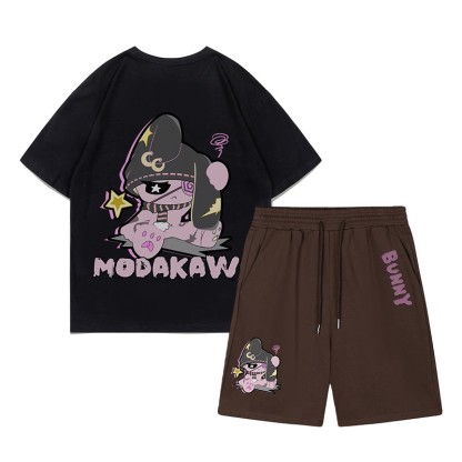 Unhappy Bunny Grafik Dunkle Ästhetik T-Shirt Shorts Zweiteiliges Set - Schwarz&Braun - C - 5XL - image 15