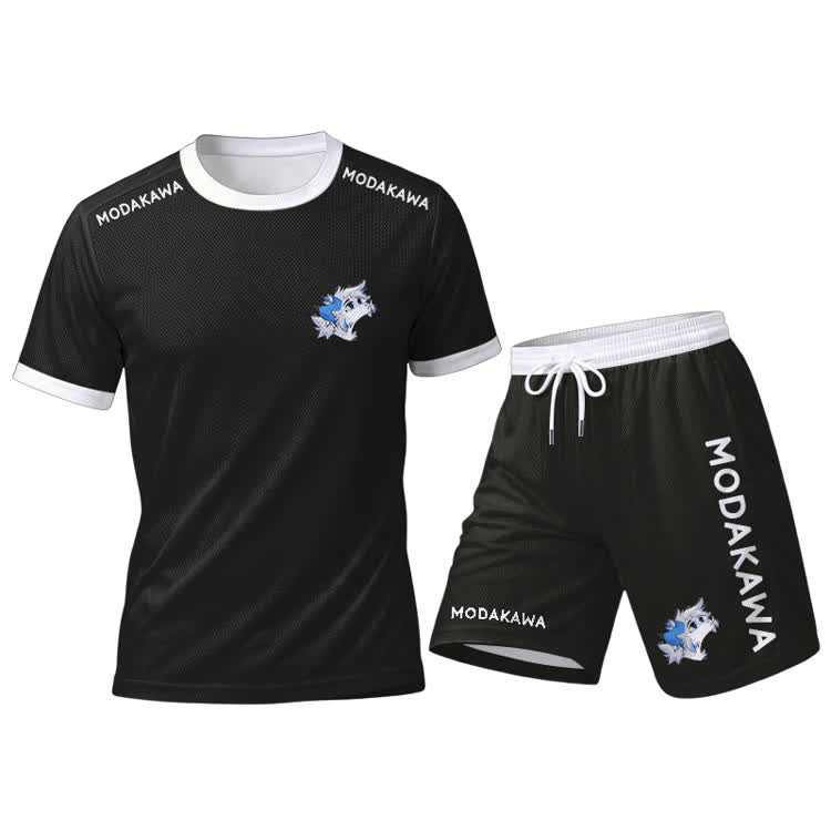 MODAKAWA X Space Barker Looking Up Grafik Herren-Sport-T-Shirt mit Kordelzug, passende Shorts und Outfit - Black Set【Black Top+Black Shorts】 - 5XL - image 16