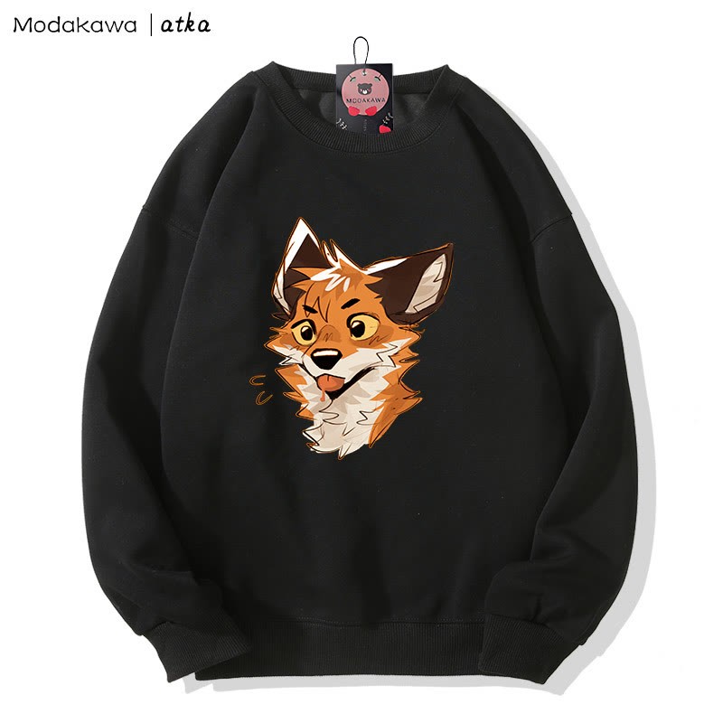 MODAKAWA X atka Cheeky Tongue-Out Fox Graphic Round Collar Sweatshirt - Black - 5XL - image 4