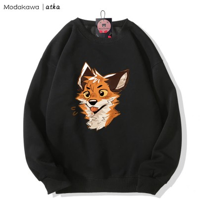 MODAKAWA X atka Cheeky Tongue-Out Fox Graphic Round Collar Sweatshirt - Black - 5XL - image 4