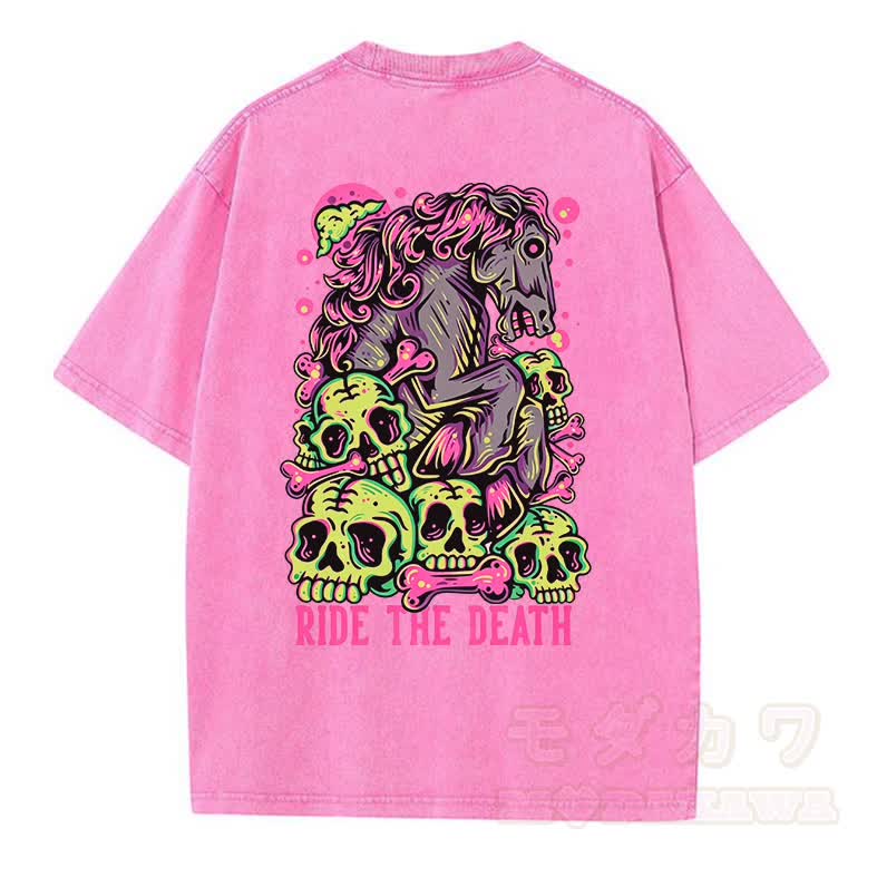 MODAKAWA RIDE THE DEATH Totenkopf-Grafik Vintage Washed T-Shirt - Rosa - 5XL - image 8