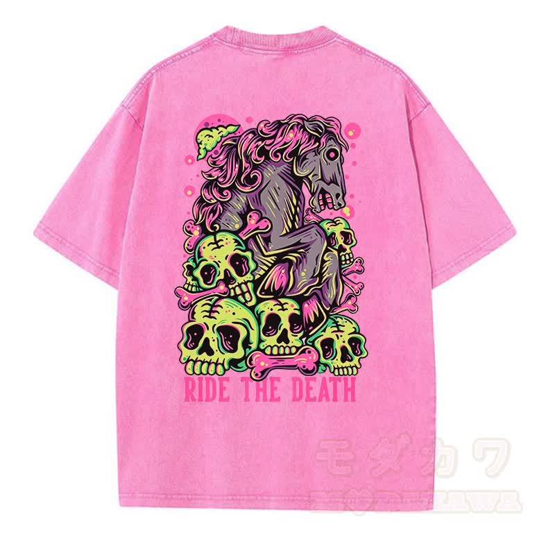 MODAKAWA RIDE THE DEATH Totenkopf-Grafik Vintage Washed T-Shirt - Rosa - 5XL - image 8