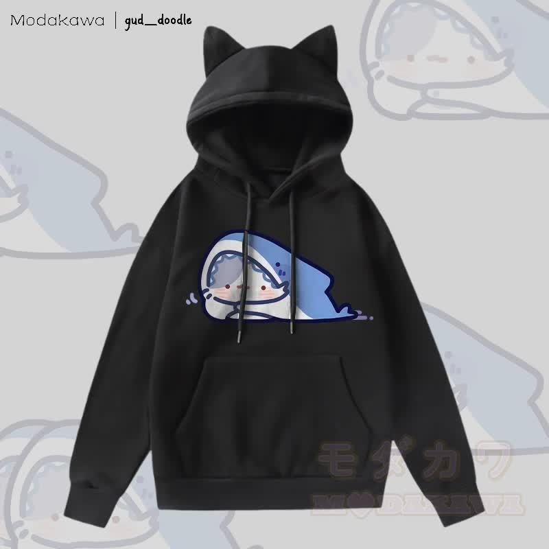 MODAKAWA x gud_doodle Kitty Shark Grafik-Kapuzenpullover mit Fleece-Futter und Katzenohren - Schwarz - 2XL - image 4