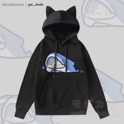 MODAKAWA x gud_doodle Kitty Shark Grafik-Kapuzenpullover mit Fleece-Futter und Katzenohren - Schwarz - 2XL - image 4