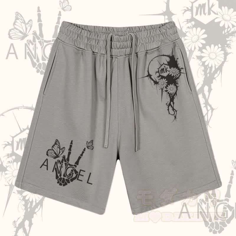 MODAKAWA Shorts mit Blumen-Skelett-Hand-Grafik und Kordelzug - Grau - 2XL - image 3