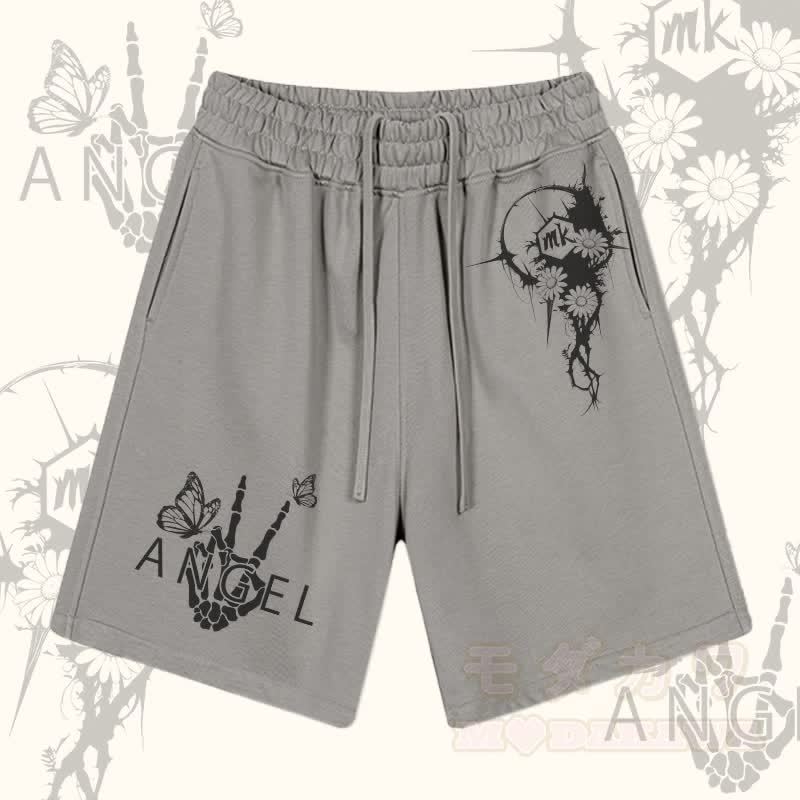 MODAKAWA Shorts mit Blumen-Skelett-Hand-Grafik und Kordelzug - Grau - 2XL - image 3