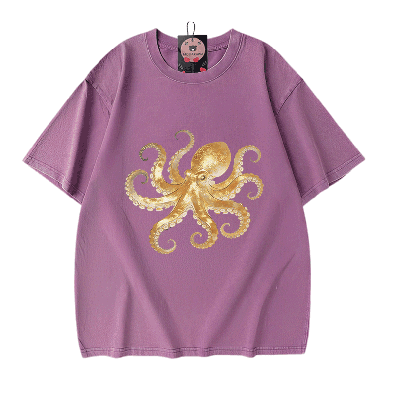 Modakawa Vintage T-Shirt mit Oktopus-Motiv, gewaschen, 100 % Baumwolle - Purple - 5XL - image 6
