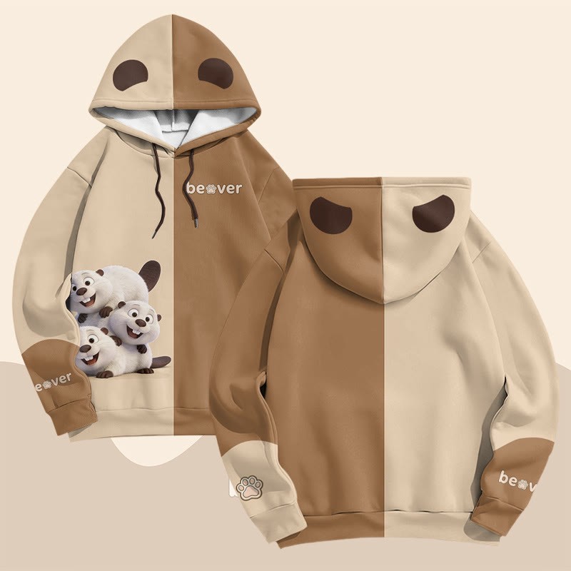 Modakawa Pullover-Hoodie mit lustigem Bibermotiv - Khaki & Brown - 6XL - image 5