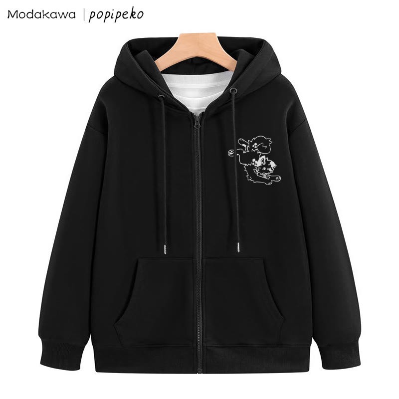 Verspieltes Kapuzenpullover mit Reißverschluss und Welpen-Grafik - Schwarz - 5XL - image 6