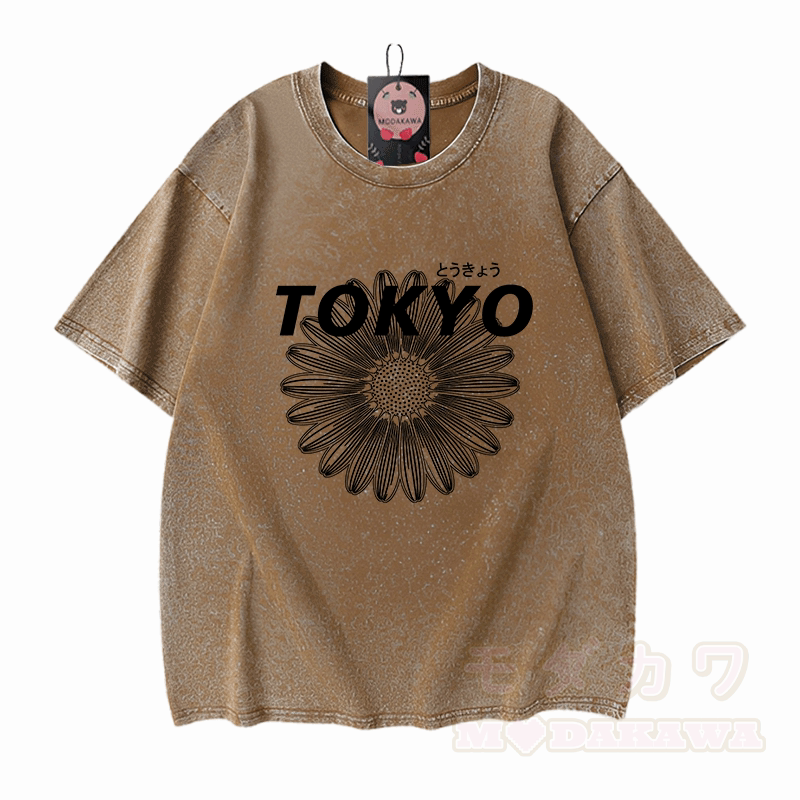TOKYO Blumengrafik Modakawa Vintage gewaschenes T-Shirt aus 100% Baumwolle - Braun - 5XL - image 7
