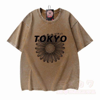 TOKYO Blumengrafik Modakawa Vintage gewaschenes T-Shirt aus 100% Baumwolle - Braun - 5XL - image 7