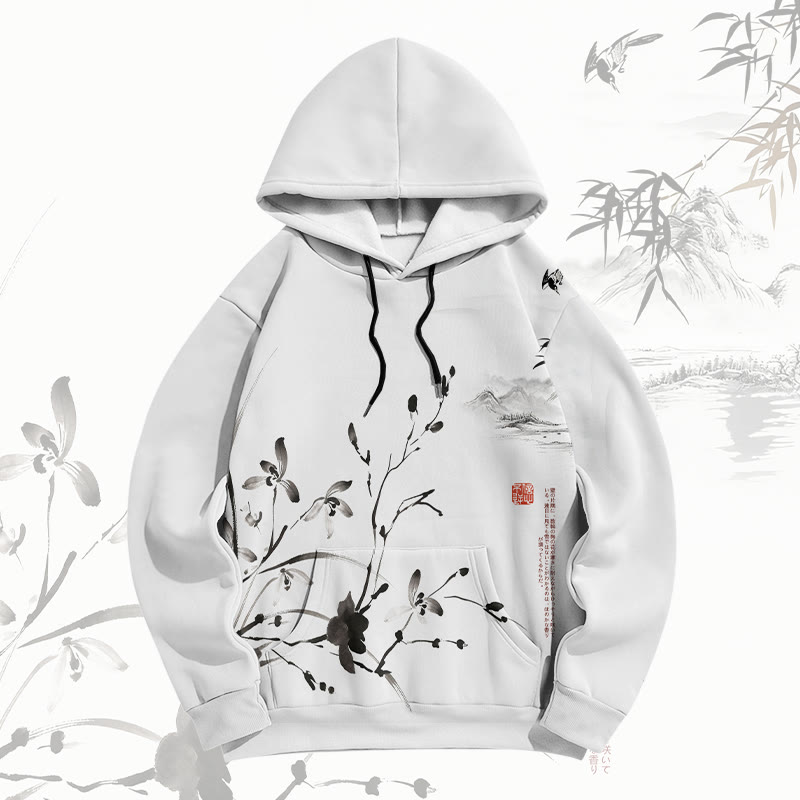 MODAKAWA Vintage Bambusblumen-Tuschemalerei-Pullover-Hoodie - White - 8XL - image 2