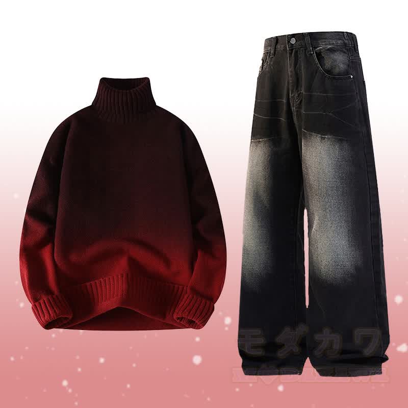 Zweiteiler: Strickpullover mit Farbverlauf und Rollkragen, Jeans - Satz F - 3XL - image 6