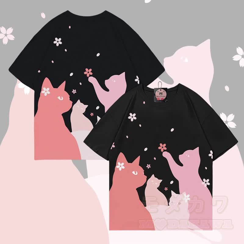 MODAKAWA Sakura Katzen-Grafik-Allover-Print-T-Shirt - Schwarz - 5XL - image 4