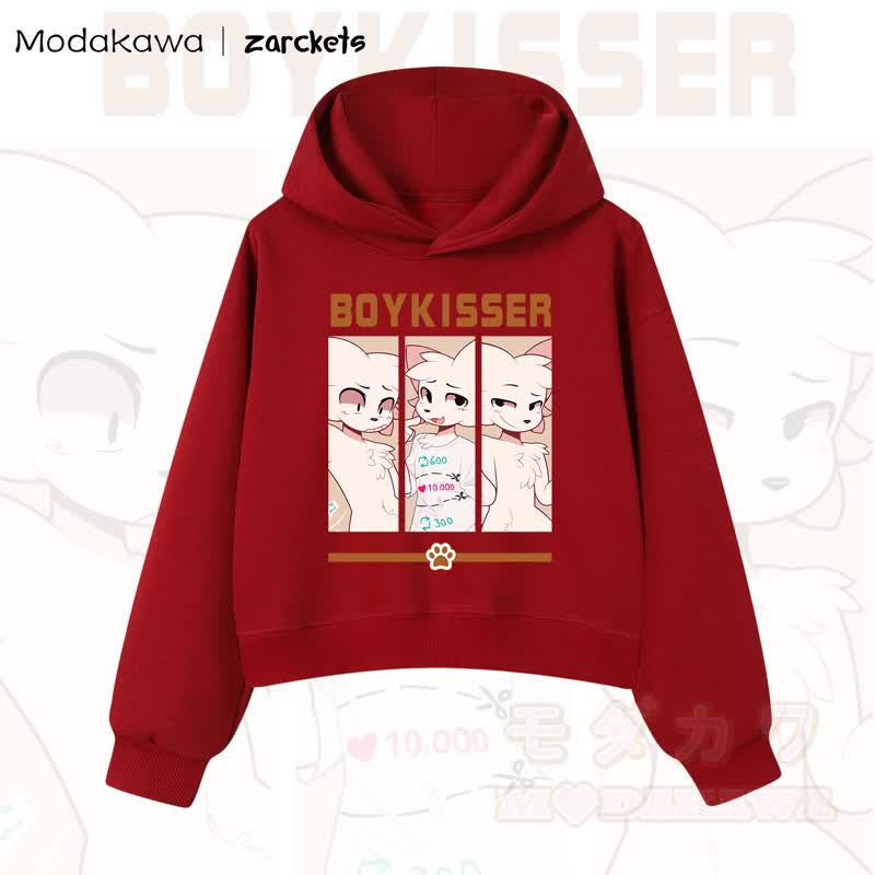 MODAKAWA X zarckets BOYKISSER Cropped Cotton Hoodie mit Katzenmotiv - Rot - 3XL - image 11
