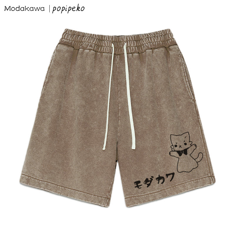 MODAKAWA X popipeko – Shorts mit verwaschenem Vintage-Kätzchen-Print - Brown - 3XL - image 3