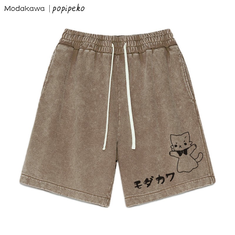 MODAKAWA X popipeko – Shorts mit verwaschenem Vintage-Kätzchen-Print - Brown - 3XL - image 3