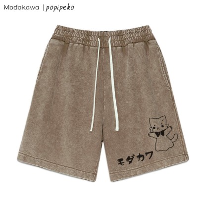 MODAKAWA X popipeko – Shorts mit verwaschenem Vintage-Kätzchen-Print - Brown - 3XL - image 3