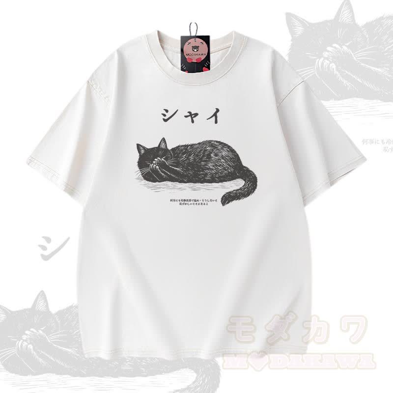 Modakawa Vintage-T-Shirt aus 100 % Baumwolle mit liegender Katze (Grafik) - Weiß - 5XL - image 3