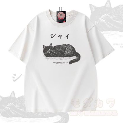 Modakawa Vintage-T-Shirt aus 100 % Baumwolle mit liegender Katze (Grafik) - Weiß - 5XL - image 3