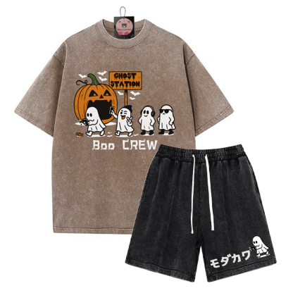 BOO CREW Ghost Station Halloween Grafik T-Shirt Vintage Washed Shorts Zweiteiliges Set - Brown&Black - 3XL - image 9
