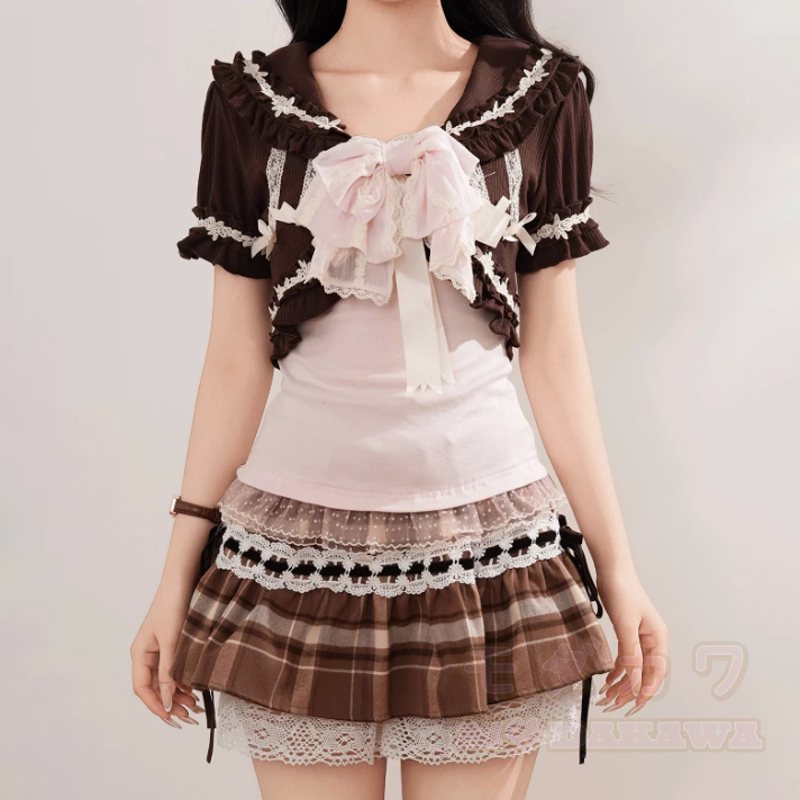 Süßes Kurzarm-Cardigan-Top mit Schleife und kariertem Rock, dreiteiliges Set - Rock - XL - image 8