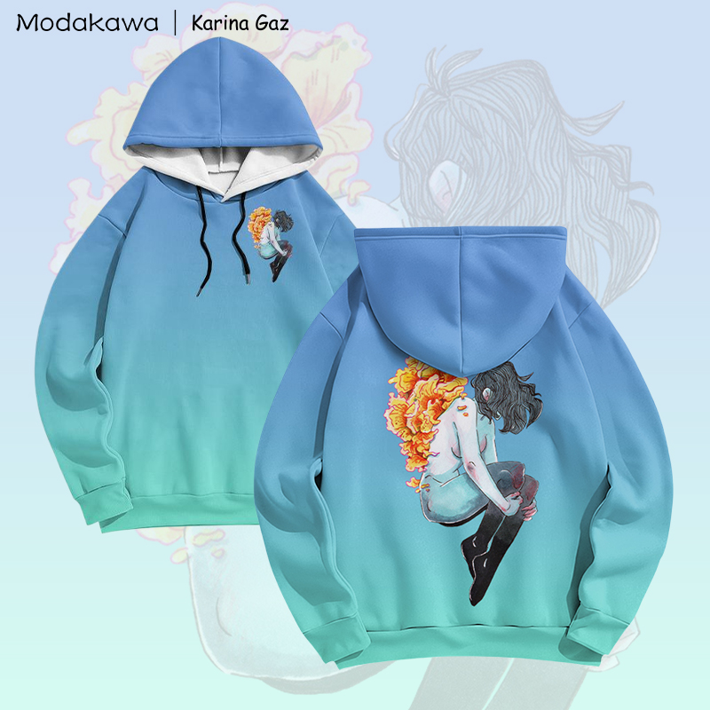 MODAKAWA X Karina Gaz Anime Girl Graphic Gradient Pullover Hoodie - Blue & Green - 6XL - image 2