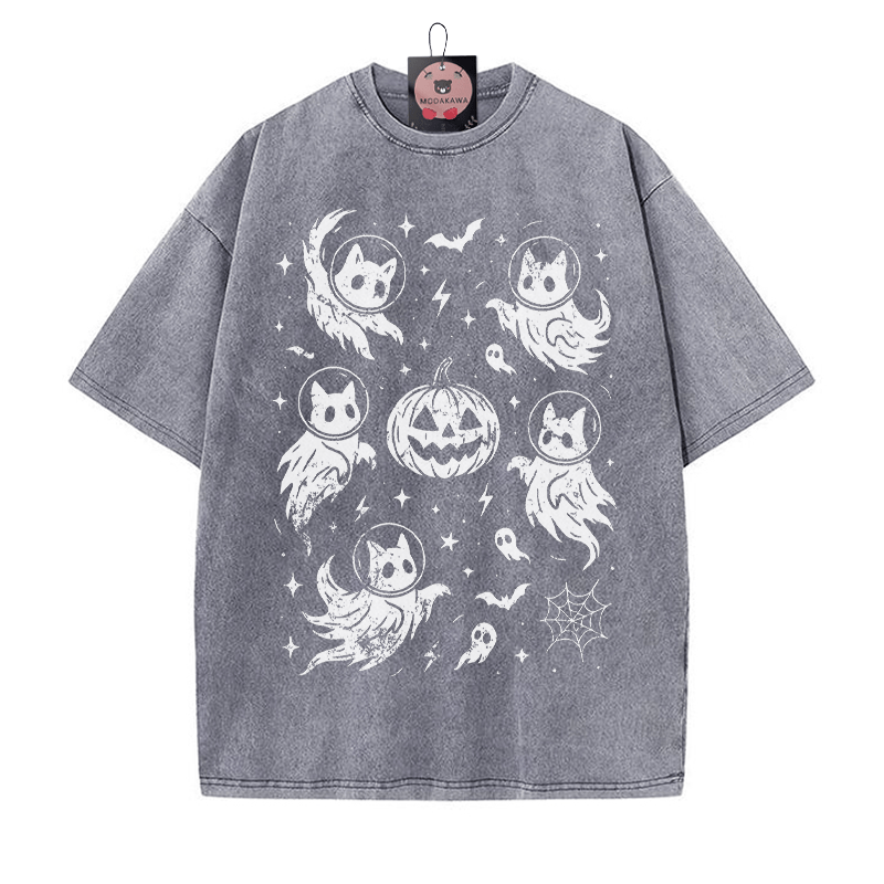 Geisterhaftes Katzenkürbis-Grafik-Unisex-Vintage-Washed-T-Shirt - Grau - 5XL - image 3