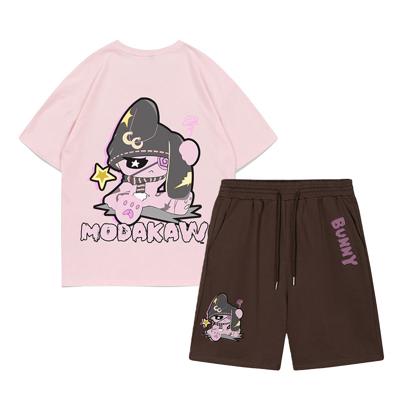 Unhappy Bunny Grafik Dunkle Ästhetik T-Shirt Shorts Zweiteiliges Set - Rosa&Braun - C - 5XL - image 6