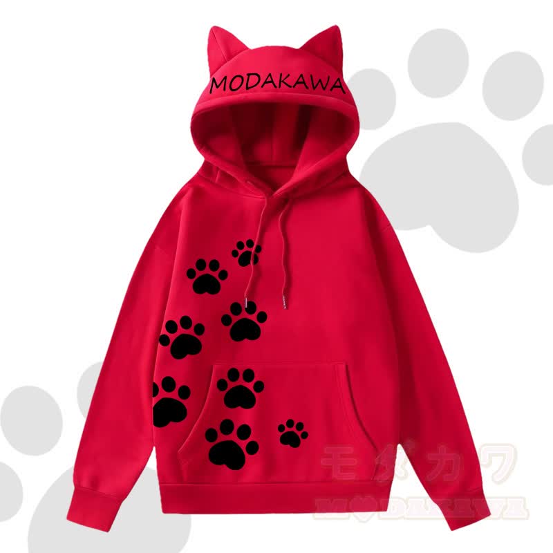 MODAKAWA Kawaii Langarm-Kapuzenpullover mit Katzenohren und Katzenpfotenabdruck - Rot A - 2XL - image 7