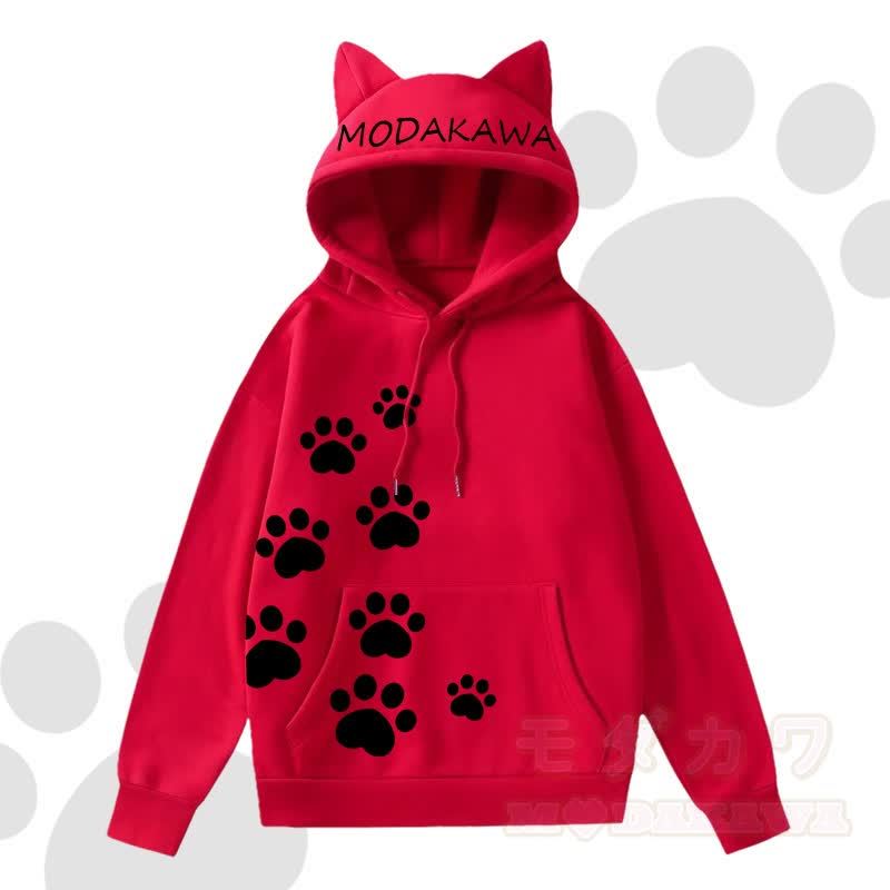 MODAKAWA Kawaii Langarm-Kapuzenpullover mit Katzenohren und Katzenpfotenabdruck - Rot A - 2XL - image 7